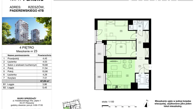 Rzut - Mieszkanie na sprzedaż 3 pokoje o powierzchni 67,09 m² - numer 23/B7 w Dzielnica Parkowa VII