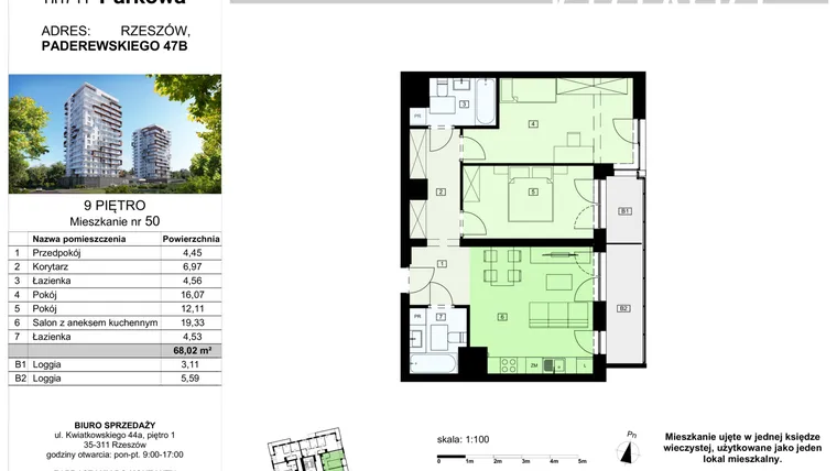 Rzut - Mieszkanie na sprzedaż 3 pokoje o powierzchni 68,02 m² - numer 50/B7 w Dzielnica Parkowa VII