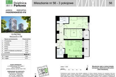 Rzut - Mieszkanie na sprzedaż 3 pokoje o powierzchni 68,02 m² - numer 56/B7 w Dzielnica Parkowa VII