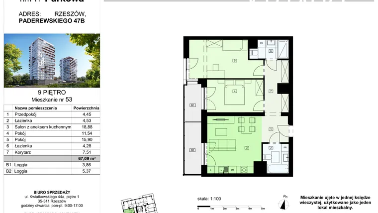 Rzut - Mieszkanie na sprzedaż 3 pokoje o powierzchni 67,09 m² - numer 53/B7 w Dzielnica Parkowa VII
