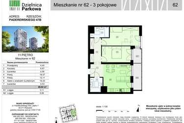 Rzut - Mieszkanie na sprzedaż 3 pokoje o powierzchni 68,02 m² - numer 62/B7 w Dzielnica Parkowa VII