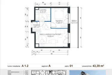 Rzut - Mieszkanie na sprzedaż 2 pokoje o powierzchni 43,4 m² - numer A 1.2 w Nowe Zabłocie