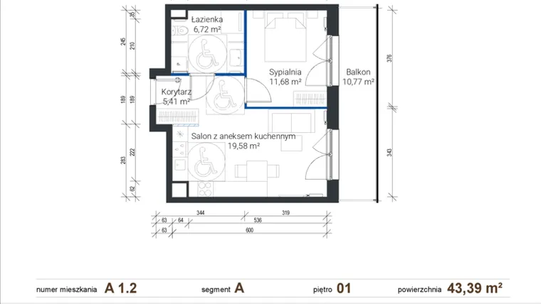 Rzut - Mieszkanie na sprzedaż 2 pokoje o powierzchni 43,4 m² - numer A 1.2 w Nowe Zabłocie