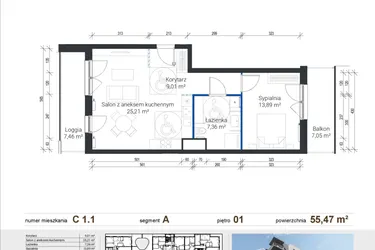 Rzut - Mieszkanie na sprzedaż 2 pokoje o powierzchni 55,49 m² - numer C 1.1 w Nowe Zabłocie