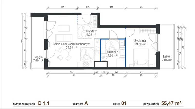 Rzut - Mieszkanie na sprzedaż 2 pokoje o powierzchni 55,49 m² - numer C 1.1 w Nowe Zabłocie