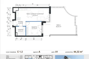 Rzut - Mieszkanie na sprzedaż 2 pokoje o powierzchni 44,19 m² - numer C 1.2 w Nowe Zabłocie