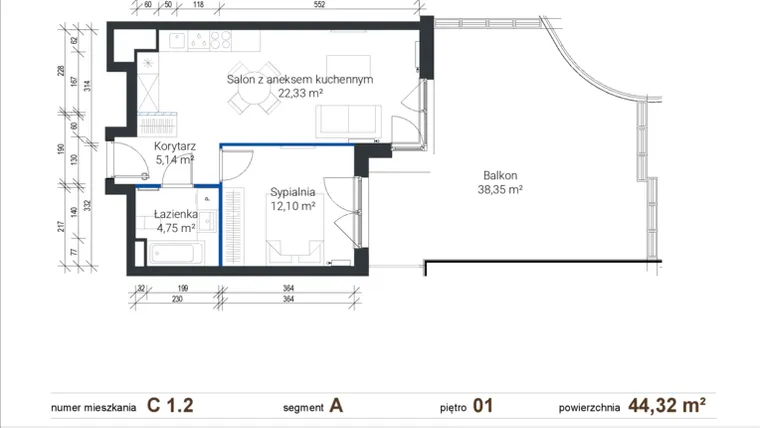 Rzut - Mieszkanie na sprzedaż 2 pokoje o powierzchni 44,19 m² - numer C 1.2 w Nowe Zabłocie