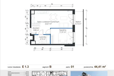 Rzut - Mieszkanie na sprzedaż 2 pokoje o powierzchni 44,31 m² - numer E 1.3 w Nowe Zabłocie