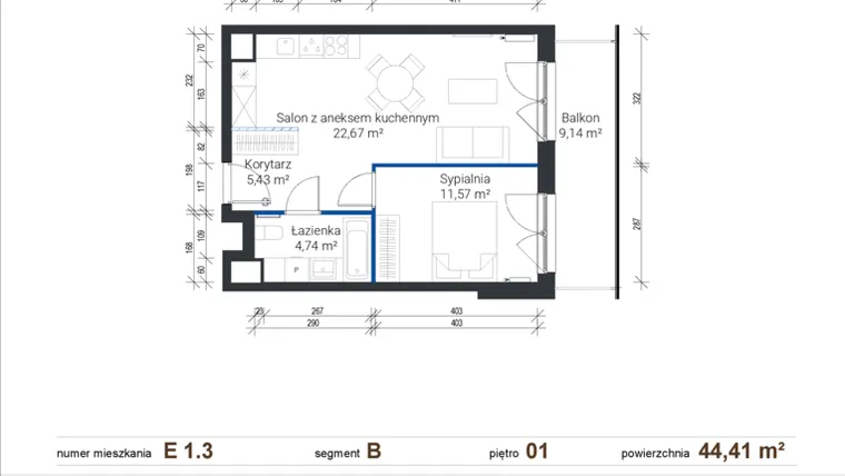 Rzut - Mieszkanie na sprzedaż 2 pokoje o powierzchni 44,31 m² - numer E 1.3 w Nowe Zabłocie
