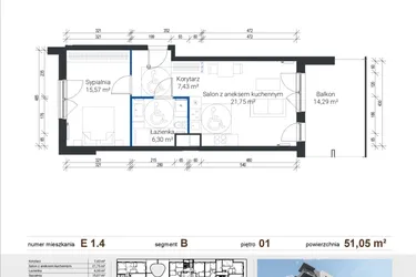 Rzut - Mieszkanie na sprzedaż 2 pokoje o powierzchni 50,98 m² - numer E 1.4 w Nowe Zabłocie