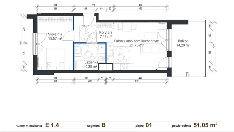 Rzut - Mieszkanie na sprzedaż 2 pokoje o powierzchni 50,98 m² - numer E 1.4 w Nowe Zabłocie
