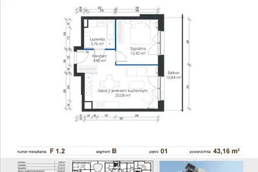 Rzut - Mieszkanie na sprzedaż 2 pokoje o powierzchni 43,25 m² - numer F 1.2 w Nowe Zabłocie