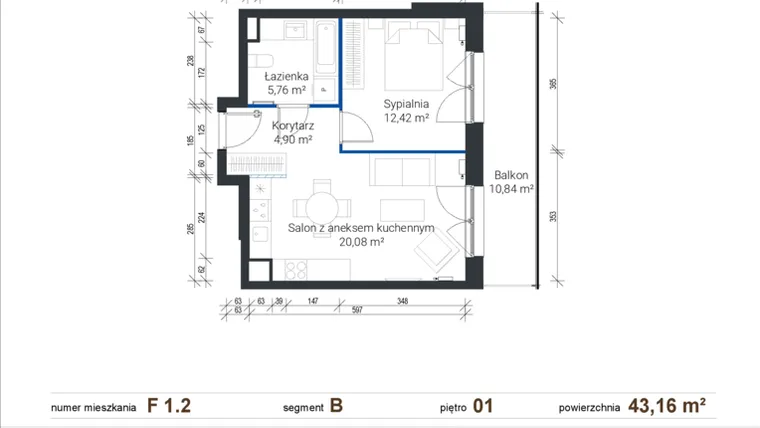 Rzut - Mieszkanie na sprzedaż 2 pokoje o powierzchni 43,25 m² - numer F 1.2 w Nowe Zabłocie