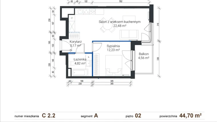 Rzut - Mieszkanie na sprzedaż 2 pokoje o powierzchni 44,59 m² - numer C 2.2 w Nowe Zabłocie