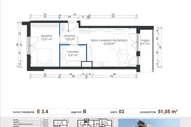Rzut - Mieszkanie na sprzedaż 2 pokoje o powierzchni 50,94 m² - numer E 3.4 w Nowe Zabłocie
