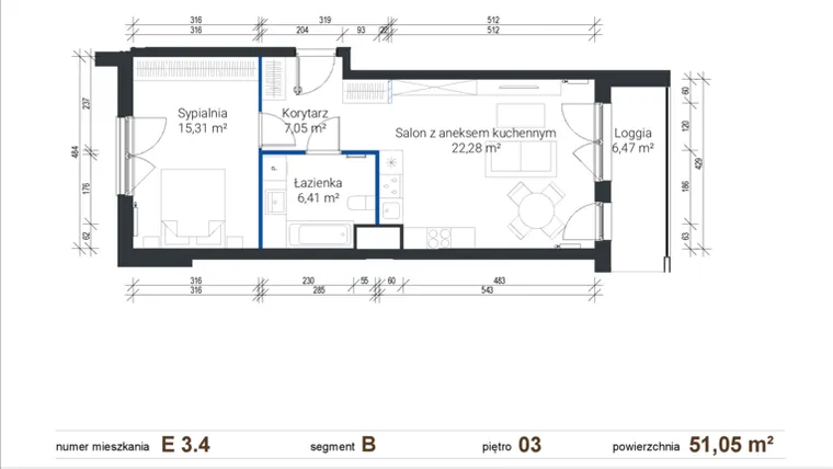 Rzut - Mieszkanie na sprzedaż 2 pokoje o powierzchni 50,94 m² - numer E 3.4 w Nowe Zabłocie