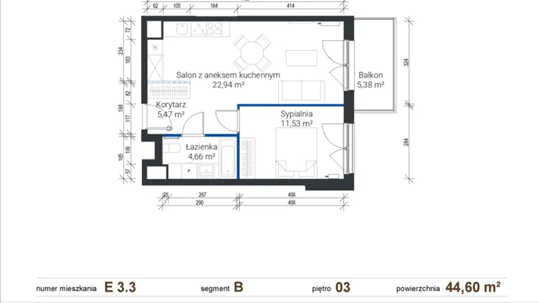 Rzut - Mieszkanie na sprzedaż 2 pokoje o powierzchni 44,51 m² - numer E 3.3 w Nowe Zabłocie