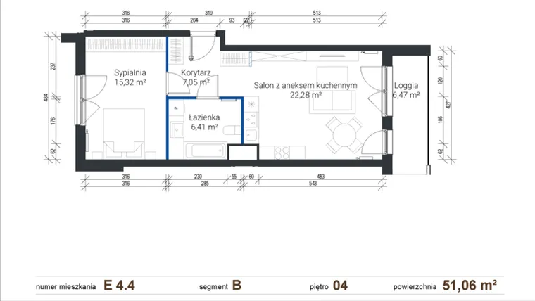Rzut - Mieszkanie na sprzedaż 2 pokoje o powierzchni 50,96 m² - numer E 4.4 w Nowe Zabłocie