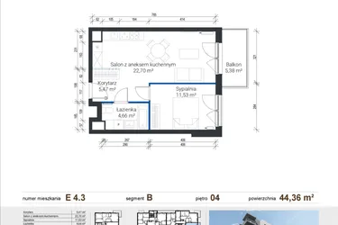 Rzut - Mieszkanie na sprzedaż 2 pokoje o powierzchni 44,25 m² - numer E 4.3 w Nowe Zabłocie