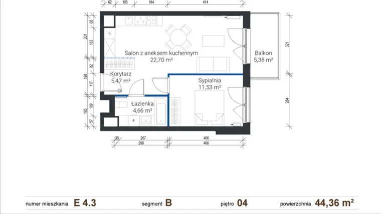Rzut - Mieszkanie na sprzedaż 2 pokoje o powierzchni 44,25 m² - numer E 4.3 w Nowe Zabłocie
