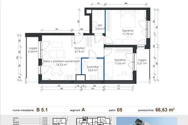 Rzut - Mieszkanie na sprzedaż 3 pokoje o powierzchni 66,63 m² - numer B 5.1 w Nowe Zabłocie