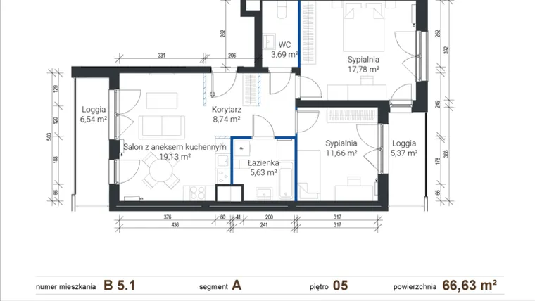 Rzut - Mieszkanie na sprzedaż 3 pokoje o powierzchni 66,63 m² - numer B 5.1 w Nowe Zabłocie