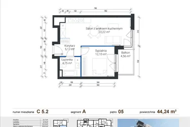 Rzut - Mieszkanie na sprzedaż 2 pokoje o powierzchni 44,14 m² - numer C 5.2 w Nowe Zabłocie