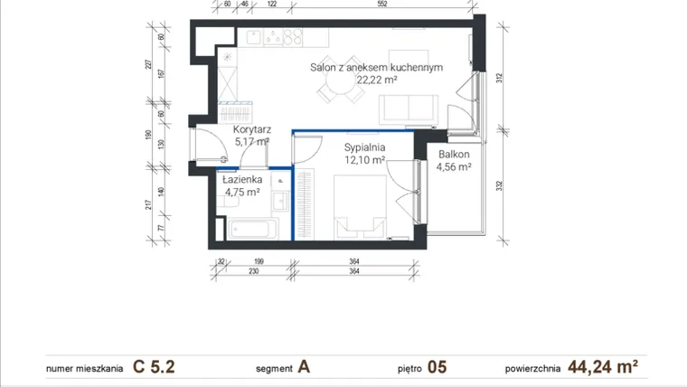 Rzut - Mieszkanie na sprzedaż 2 pokoje o powierzchni 44,14 m² - numer C 5.2 w Nowe Zabłocie