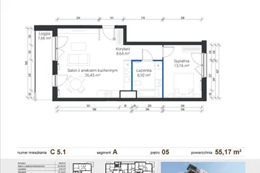 Rzut - Mieszkanie na sprzedaż 2 pokoje o powierzchni 55,17 m² - numer C 5.1 w Nowe Zabłocie