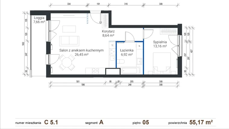 Rzut - Mieszkanie na sprzedaż 2 pokoje o powierzchni 55,17 m² - numer C 5.1 w Nowe Zabłocie