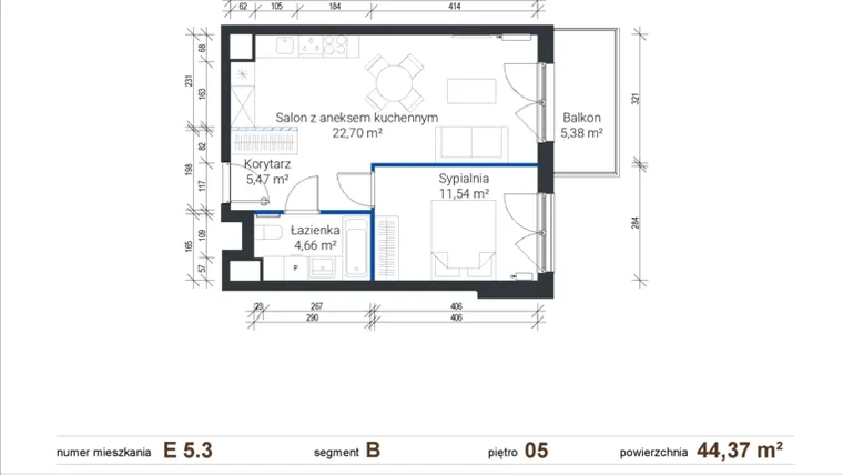 Rzut - Mieszkanie na sprzedaż 2 pokoje o powierzchni 44,27 m² - numer E 5.3 w Nowe Zabłocie