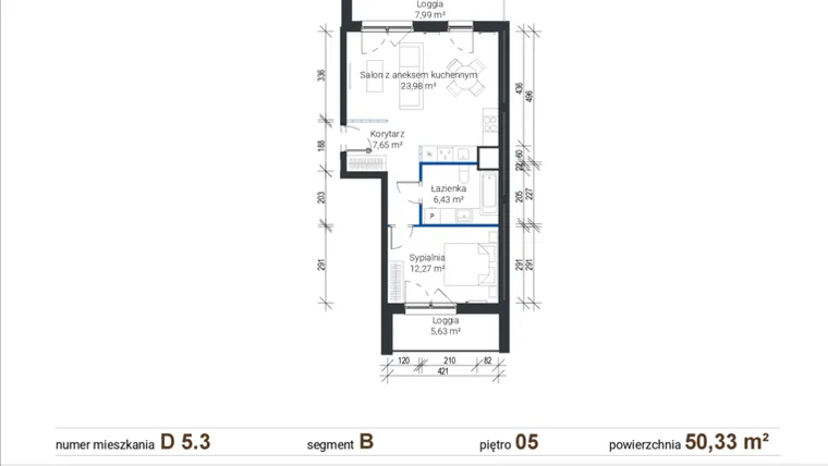 Rzut - Mieszkanie na sprzedaż 2 pokoje o powierzchni 50,33 m² - numer D 5.3 w Nowe Zabłocie