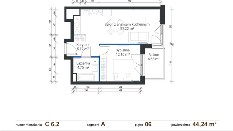 Rzut - Mieszkanie na sprzedaż 2 pokoje o powierzchni 44,3 m² - numer C 6.2 w Nowe Zabłocie