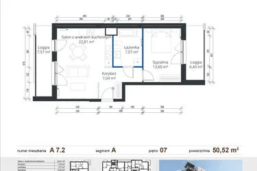 Rzut - Mieszkanie na sprzedaż 2 pokoje o powierzchni 50,42 m² - numer A 7.2 w Nowe Zabłocie