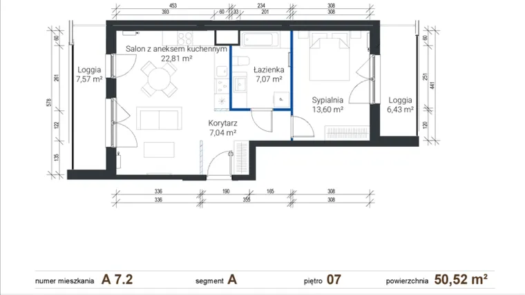 Rzut - Mieszkanie na sprzedaż 2 pokoje o powierzchni 50,42 m² - numer A 7.2 w Nowe Zabłocie