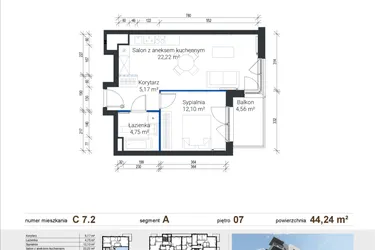 Rzut - Mieszkanie na sprzedaż 2 pokoje o powierzchni 44,23 m² - numer C 7.2 w Nowe Zabłocie