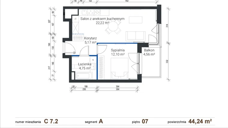 Rzut - Mieszkanie na sprzedaż 2 pokoje o powierzchni 44,23 m² - numer C 7.2 w Nowe Zabłocie
