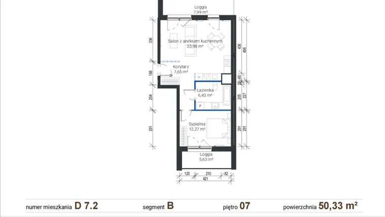 Rzut - Mieszkanie na sprzedaż 2 pokoje o powierzchni 50,33 m² - numer D 7.2 w Nowe Zabłocie