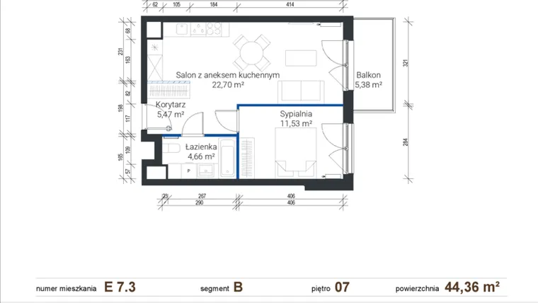 Rzut - Mieszkanie na sprzedaż 2 pokoje o powierzchni 44,26 m² - numer E 7.3 w Nowe Zabłocie