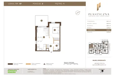Rzut - Mieszkanie na sprzedaż 2 pokoje o powierzchni 46,53 m² - numer PK-LM-07 w Plastyczna Kamienica przy Sympatycznej