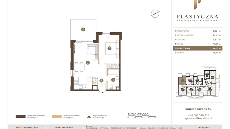 Rzut - Mieszkanie na sprzedaż 2 pokoje o powierzchni 46,53 m² - numer PK-LM-07 w Plastyczna Kamienica przy Sympatycznej