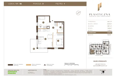 Rzut - Mieszkanie na sprzedaż 3 pokoje o powierzchni 56,99 m² - numer PK-LM-06 w Plastyczna Kamienica przy Sympatycznej