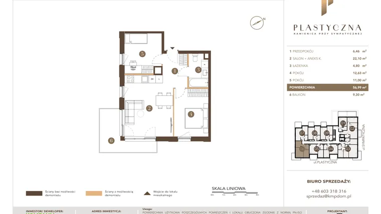 Rzut - Mieszkanie na sprzedaż 3 pokoje o powierzchni 56,99 m² - numer PK-LM-06 w Plastyczna Kamienica przy Sympatycznej