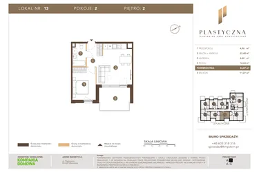 Rzut - Mieszkanie na sprzedaż 2 pokoje o powierzchni 44,87 m² - numer PK-LM-13 w Plastyczna Kamienica przy Sympatycznej