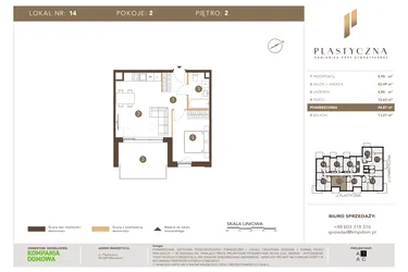 Rzut - Mieszkanie na sprzedaż 2 pokoje o powierzchni 44,87 m² - numer PK-LM-14 w Plastyczna Kamienica przy Sympatycznej