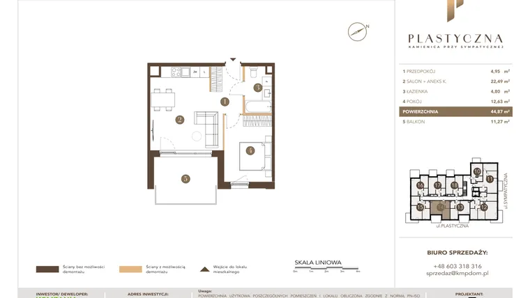 Rzut - Mieszkanie na sprzedaż 2 pokoje o powierzchni 44,87 m² - numer PK-LM-14 w Plastyczna Kamienica przy Sympatycznej