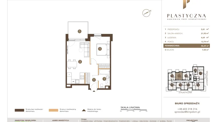 Rzut - Mieszkanie na sprzedaż 2 pokoje o powierzchni 46,24 m² - numer PK-LM-17 w Plastyczna Kamienica przy Sympatycznej