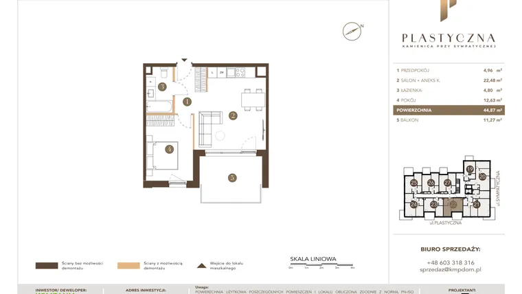 Rzut - Mieszkanie na sprzedaż 2 pokoje o powierzchni 44,87 m² - numer PK-LM-22 w Plastyczna Kamienica przy Sympatycznej