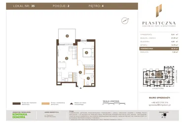 Rzut - Mieszkanie na sprzedaż 2 pokoje o powierzchni 46,35 m² - numer PK-LM-35 w Plastyczna Kamienica przy Sympatycznej