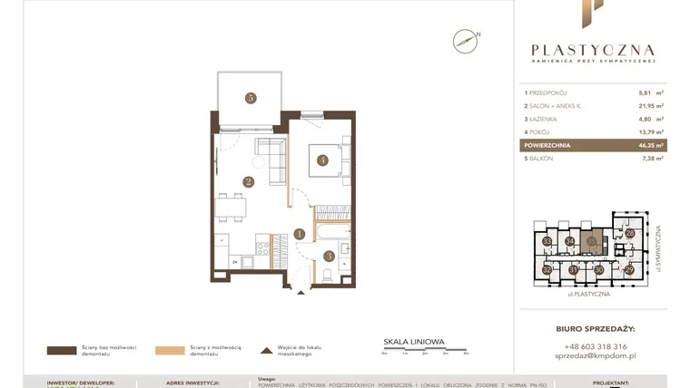 Rzut - Mieszkanie na sprzedaż 2 pokoje o powierzchni 46,35 m² - numer PK-LM-35 w Plastyczna Kamienica przy Sympatycznej